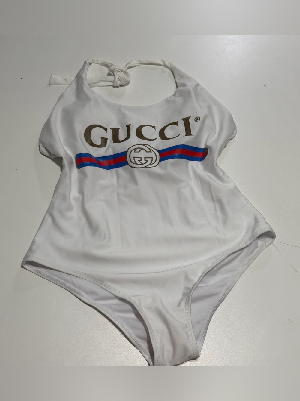 Gucci White One-Piece Swimsuit with Red & Blue Stripe and Gold Logo